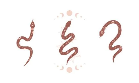 Magic snake in boho style with moon. Collection of mystical symbol in a trendy Stock Illustration