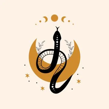 Magic snake in boho style with moon. Mystical symbol in a trendy minimalist Illustrazione stock