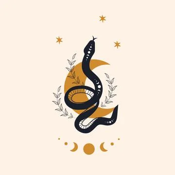 Magic snake in boho style with moon. Mystical symbol in a trendy minimalist Stockillustratie