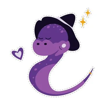 Magic snake. Cute character in witch hat and decorative elements. Sticker with Stock Illustration