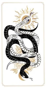Magic snake tarot cards. magic occult esoteric astrology. Boho chic tattoo, p Stock Illustration