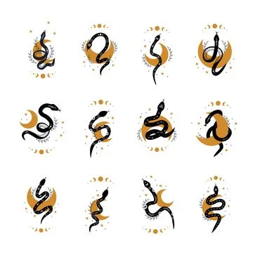 Magic snakes in boho style with moon. Mystical symbols in a trendy minimalist 스톡 일러스트