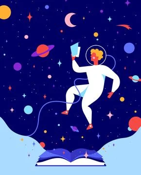 Magic space book astronaut reading concept Stock Illustration