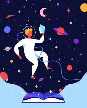 Magic space book astronaut reading concept Stock Illustration