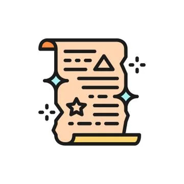Magic spell scroll, unrolled paper certificate flat color line icon. Stock-Illustration