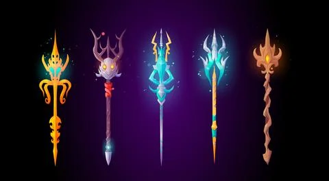 Magic staff icon, devil trident and spear cartoon Illustrazione stock