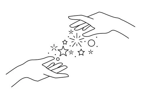 Magic stars in hands. Palms hold or gives celestial body. Line art style is.. Stock Illustration