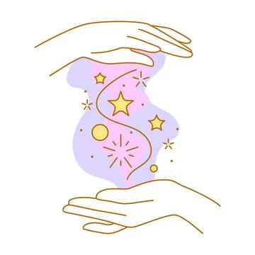 Magic stars in hands. Palms hold or gives celestial body. Line art style is.. Stock Illustration