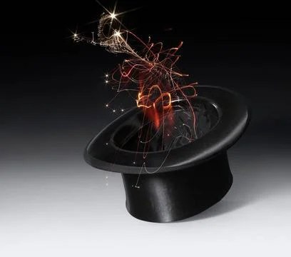 Magic stovepipe hat magic scenery with a black top hat and magic firework ... Stock Photos
