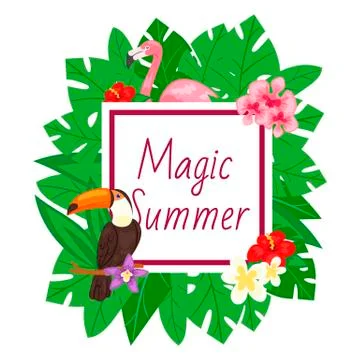 Magic summer background. Beach design, jungle banner vector illustration. Pink Stock-Illustration