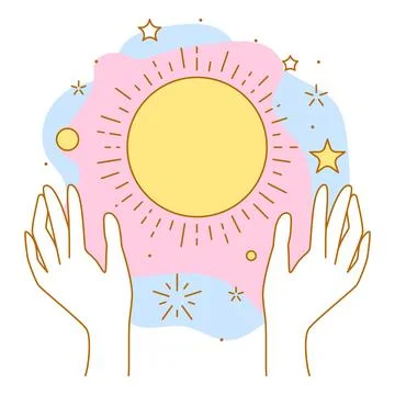 Magic sun in hands. Palms hold or give celestial body. Line art style. Stock Illustration