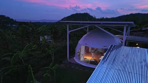 Magic sunset drone footage of a mountain dome accommodation in Pililla Rizal Stock Footage 341920726