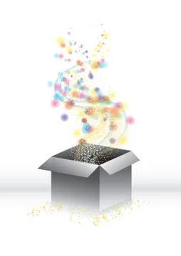 Magic surprise gift-box with blurry lights and tiny stars, vector illustration Stock Illustration