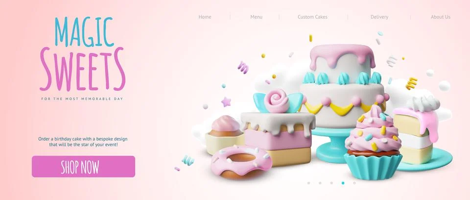 Magic sweets 3D cartoon plastic style vector landing page advertising design Illustrazione stock