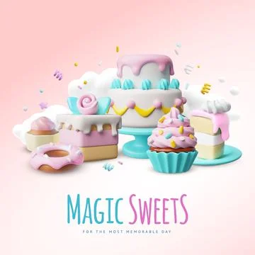 Magic sweets for the most memorable day 3D cartoon vector advertising design Illustrazione stock