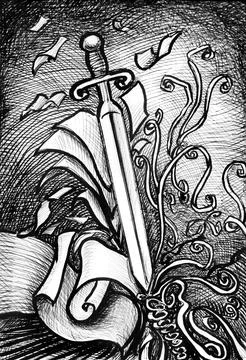 Magic sword ink drawing Stock Illustration