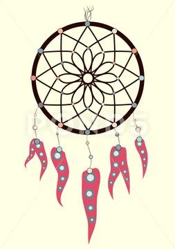 Magic symbol Dreamcatcher with gemstones and feathers. Stock Illustration