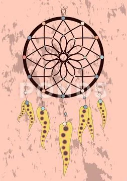 Magic symbol Dreamcatcher with gemstones and feathers. Stock Illustration