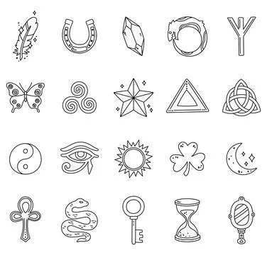 Magic symbol set in outline line art Stock Illustration