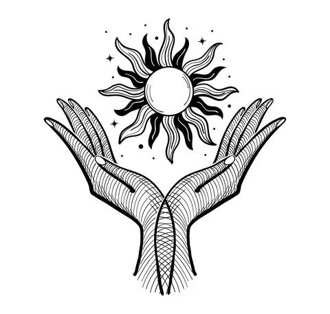 Magic symbol with two palms and sun, magic boho style design, tattoo, engraving Stock Illustration