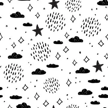 Magic tale seamless pattern abstract sky clouds rain and stars, simple Nature Stock Illustration