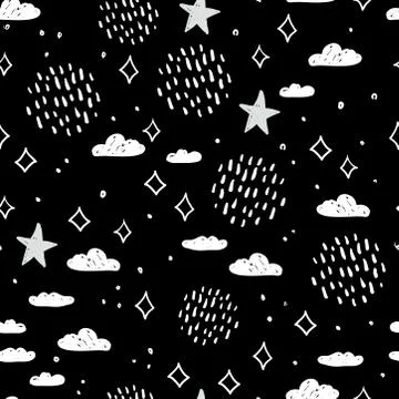 Magic tale seamless pattern abstract sky clouds stars, simple doodle lines sc Stock Illustration