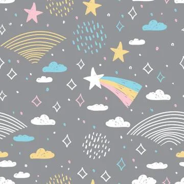 Magic tale seamless pattern abstract scales, rain, sky clouds stars, simple N Stock Illustration