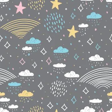 Magic tale seamless pattern abstract scales, rain, sky clouds stars, simple N Stock Illustration