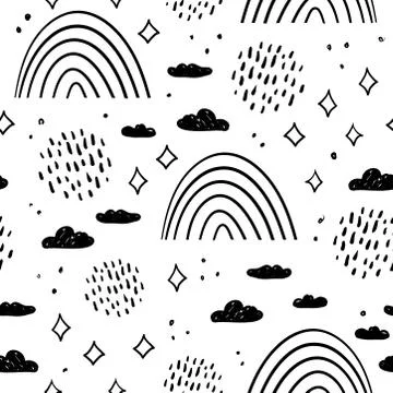 Magic tale seamless pattern rainbow abstract scales, sky clouds and stars, si Stock Illustration