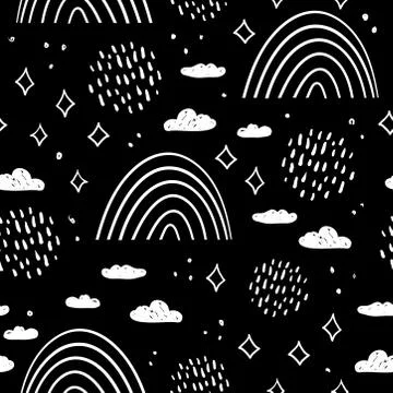 Magic tale seamless pattern rainbow abstract scales, sky clouds and stars, si Stock Illustration