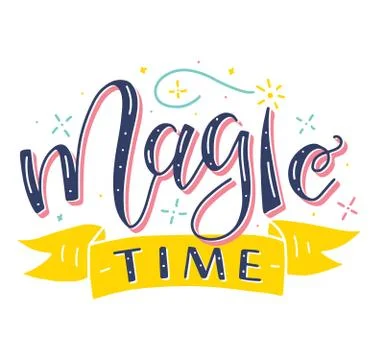 Magic time, colored vector illustration with text, ribbon and magic wand. Illustrazione stock