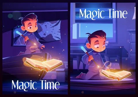 Magic time flyers with boy with spell book Stock Illustration