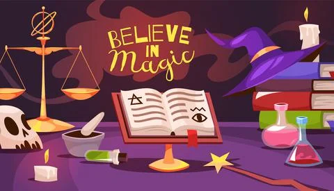 Magic tools poster. Cartoon alchemist table with different objects. Wizard Stock Illustration