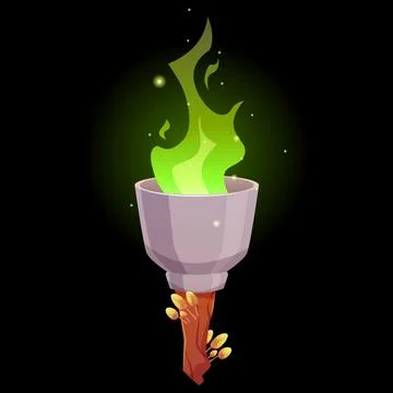 Magic torch with green burning fire and alien mushrooms, cartoon vector game Stock Illustration