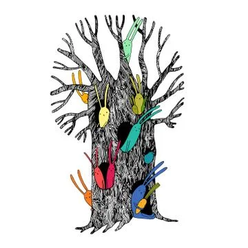 Magic Tree and hares. Stock Illustration