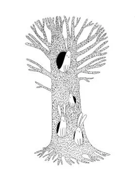 Magic Tree and hares Stock Illustration