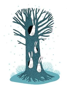 Magic Tree and hares Stock Illustration