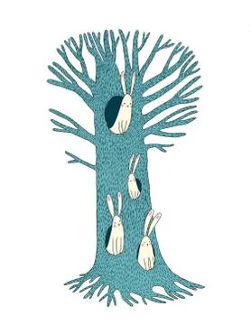 Magic Tree and hares Stock Illustration