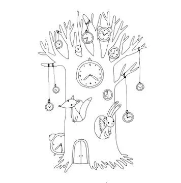 Magic tree, clock, fox and hare Stock Illustration