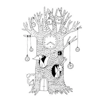 Magic tree, clock, fox and hare Stock Illustration