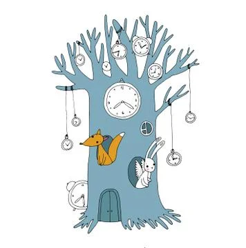 Magic tree, clock, fox and hare Stock Illustration