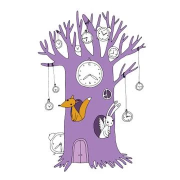 Magic tree, clock, fox and hare Stock Illustration