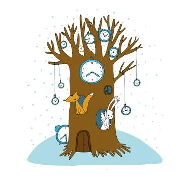 Magic tree, clock, fox and hare Stock Illustration