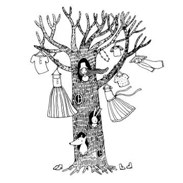 Magic tree with clothes. Illustrazione stock