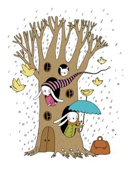 Magic Tree, rabbits and birds Stock Illustration