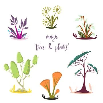 Magic trees and plants set. Isolated elements. Stock Illustration