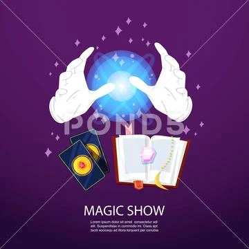 Magic trick and illusionist poster with realistic magician spell book, gloves Stock Illustration