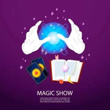 Magic trick and illusionist poster with realistic magician spell book, gloves Stock Illustration