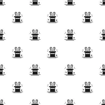 Magic trick seamless pattern. Rabbit in magician black hat cylinder print. De Stock Illustration
