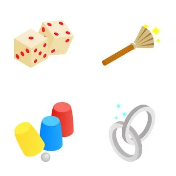 Magic tricks elements with dice cups rings wand Illustrazione stock